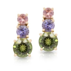 9ct Rose Gold Peach Sapphire, Tanzanite and Tourmaline Studs